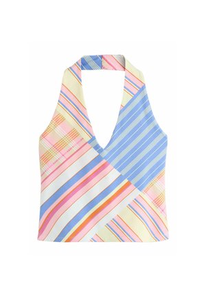 Haut sans manches à col en V avec bretelles halter, à rayures diagonales et verticales multicolores en bleu pastel, rose, jaune, blanc et orange.