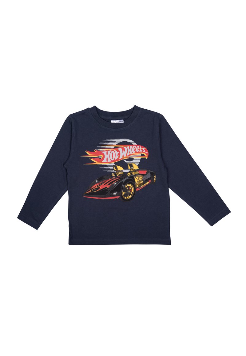 Maglietta a maniche lunghe blu navy con grafica di una macchina da corsa nera con ruote gialle, accenti di fiamme rosse e gialle, e il testo "Hot Wheels".