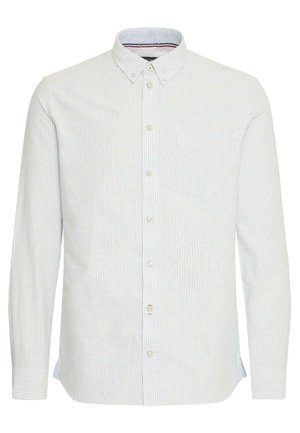 Svetlo modra srajca s kravato z belimi in svetlo modrimi črtami, dolgi rokavi, ovratnik s gumbi in sprednji žep. Bombažni material.