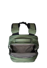 Green nylon backpack with adjustable straps, featuring a wide opening, a soft inner lining, and a front pocket with a zipper closure.