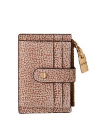 Kompakte beiger Geldbörse mit strukturiertem Muster, goldener Druckknopfverschluss und Reißverschluss-Zipper mit dem Aufdruck "Borbonese" auf weißem Hintergrund.