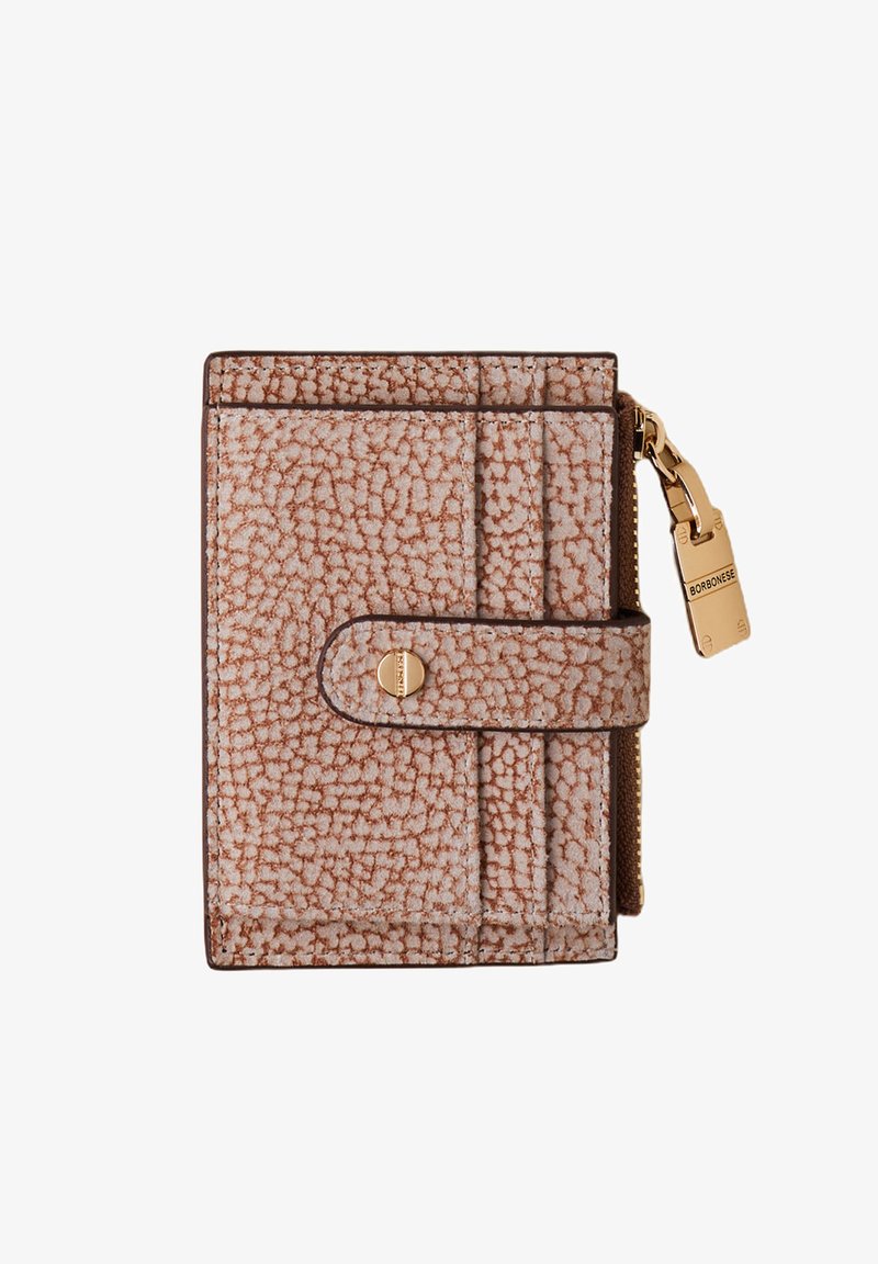 Kompakte beiger Geldbörse mit strukturiertem Muster, goldener Druckknopfverschluss und Reißverschluss-Zipper mit dem Aufdruck "Borbonese" auf weißem Hintergrund.