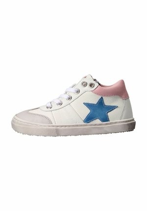 White and pink high-top sneaker with white laces, blue star on side, and slightly worn rubber sole.