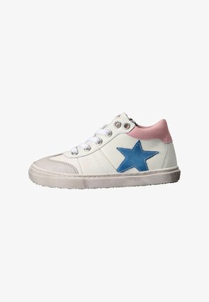 White and pink high-top sneaker with white laces, blue star on side, and slightly worn rubber sole.