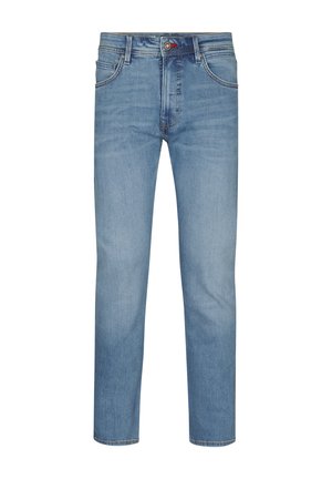 Lichtblauwe denim jeans met een rechte snit, vijf zakken en een standaard tailleband. Kenmerkt zich door een contrasterende gestikte naad en metalen knoop.
