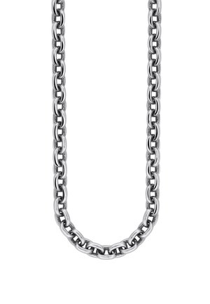 Silberne Metallkette mit dicken, abgerundeten rechteckigen Gliedern, gleichmäßig auf weißem Hintergrund angeordnet.