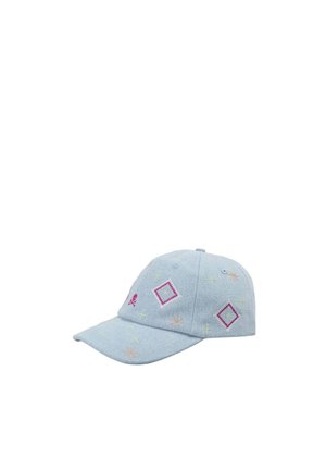 Gorra de béisbol azul claro con diamantes rosas bordados, pequeña calavera y patrones multicolores de explosión estelar.