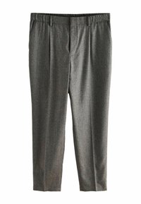 Graue, plissierte Hose aus einem strukturierten Stoff mit elastischem Bund, klassischem Schnitt und geraden Beinen. Keine sichtbaren Taschen.