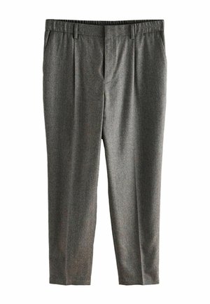 Graue, plissierte Hose aus einem strukturierten Stoff mit elastischem Bund, klassischem Schnitt und geraden Beinen. Keine sichtbaren Taschen.