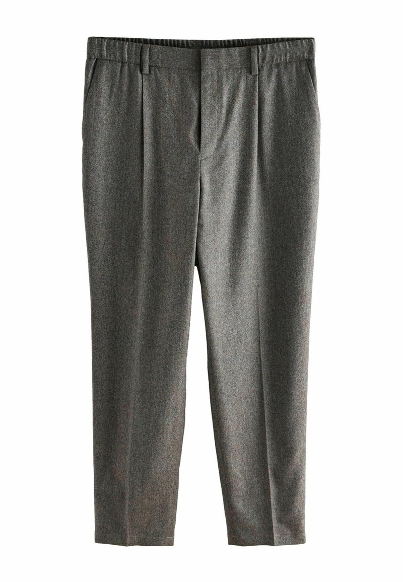 Graue, plissierte Hose aus einem strukturierten Stoff mit elastischem Bund, klassischem Schnitt und geraden Beinen. Keine sichtbaren Taschen.