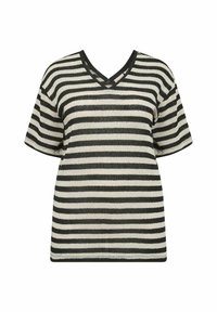 Gestreept V-hals T-shirt met afwisselend zwarte en crèmekleurige strepen, korte mouwen en een textuur gebreide stof.