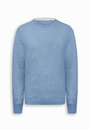 Light blue long-sleeve crewneck sweater with a fine knit texture and ribbed cuffs and hem.