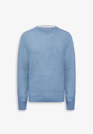 Pulover cu mâneci lungi și guler rotund, de culoare albastru deschis, cu o textură fină tricotată și mansete și tiv striate.