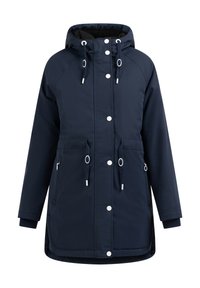 Marineblå vandtæt parka med hætte, snoretræk, sølvhardware, trykknapper og to frontlommer. Blød indvendig foring.