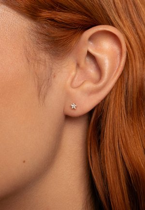 Orecchino a forma di stella dorata con piccole gemme trasparenti incastonate in un design delicato, indossato su un lobo con capelli ramati che arrivano fino alle spalle.