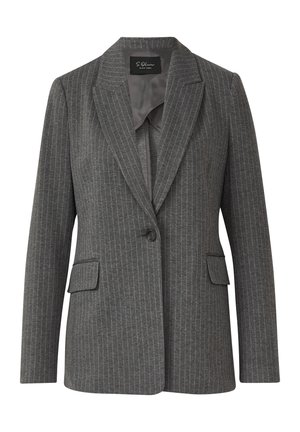 Blazer grigio a righe sottili con singolo bottone, rever a scomparsa, tasche a pattina e fodera interna liscia.