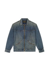 Ανδρικό μπλε τζιν μπουφάν με φερμουάρ, γιακά, δύο μπροστινές τσέπες και εμφανείς λεπτομέρειες ραφής.