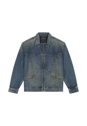 Férfi kék farmer anyagú, cipzáros kabát gallérral, két első zsebbel és látható varrással.