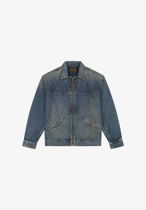 Männerjacke aus blauem Denim mit Reißverschluss, Kragen, zwei Fronttaschen und sichtbaren Nahtdetails.