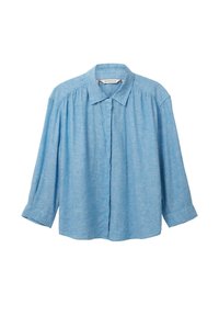Chemise bleu clair à boutons, avec col, manches longues et détails plissés sur les épaules, réalisée dans un tissu texturé.