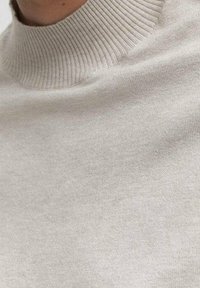 Pull gris clair à col montant en tissu maille doux ; col côtelé ; texture lisse avec un léger éclat subtil.