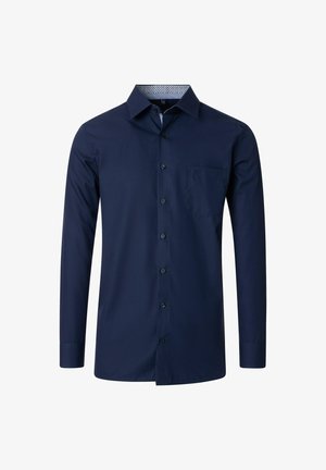 Navyblauwe langemouwen shirt van gladde stof, met een knoopsluiting aan de voorkant, een borstzak en een geblokte kraagvoering.