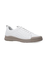 Hvide sneakers med en tekstureret overdel med et ternet mønster, lysegrå accenter og en gummisål. Snørebåndsdesign med en rund tå.