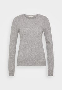 Pull gris clair en matière tricotée douce, avec manches longues et encolure ronde. Design simple et sans coutures, sans motifs visibles.
