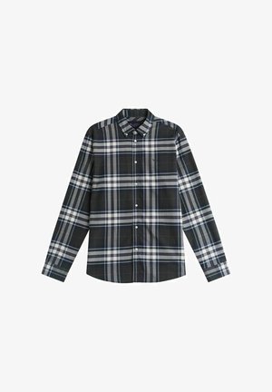 Rutig skjorta med knappar, i mörkgrönt, grått och vitt. Långärmad med krage och normal passform.