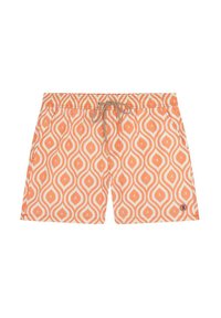 Maillots de bain pour hommes avec un motif ondulé orange et blanc, taille élastique avec cordon de serrage et poches latérales.