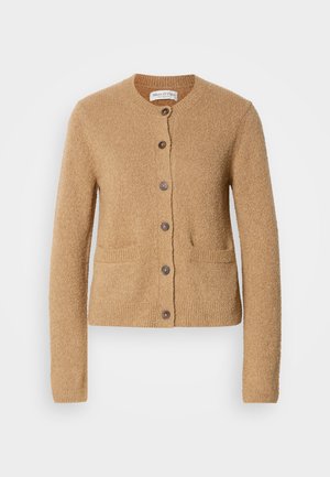 Beige knit cardigan with round neck, long sleeves, front button closure, and two front pockets, displayed on plain white background.