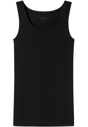 Schwarzes ärmelloses Tanktop aus weicher Baumwolle, mit rundem Halsausschnitt, glatter Textur und figurbetonter Passform. Keine auffälligen Muster oder Beschläge.