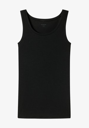 Schwarzes ärmelloses Tanktop aus weicher Baumwolle, mit rundem Halsausschnitt, glatter Textur und figurbetonter Passform. Keine auffälligen Muster oder Beschläge.