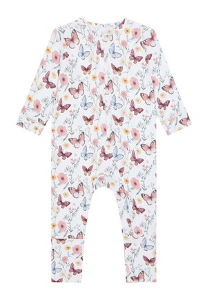 Tutina bianca a maniche lunghe per neonati con stampa di farfalle e fiori rosa, blu e arancioni.