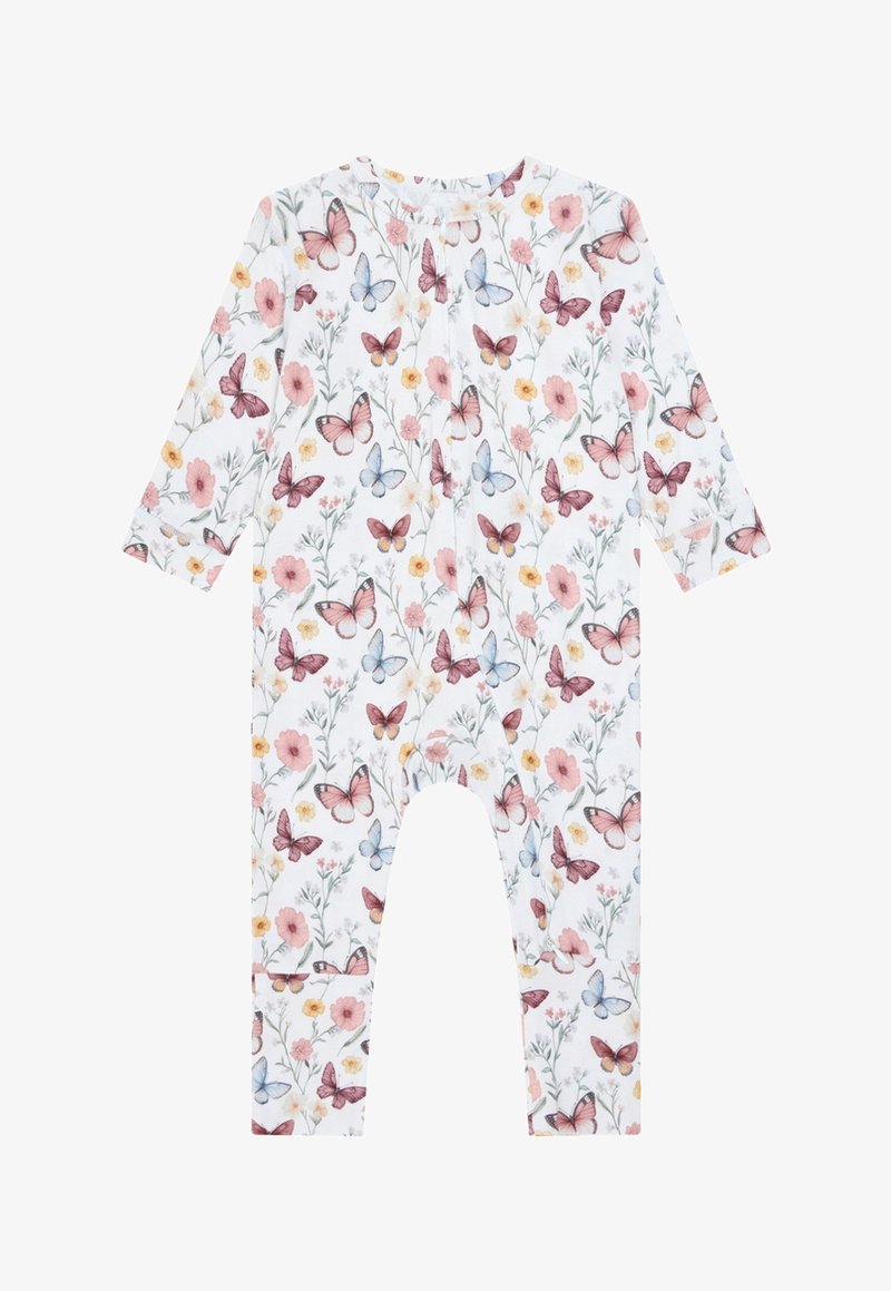 Body bébé blanc à manches longues avec un motif imprimé de papillons et de fleurs en rose, bleu et orange.