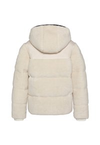 Kremowa kurtka puchowa z kapturem z futra ekologicznego, z paneled design, ściągaczami u rękawów i miękką fakturą, odpowiednia na zimną pogodę.