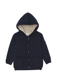 Felpa con cappuccio lavorato a maglia blu navy con finitura testurizzata, foderata in pile crema. Presenta una chiusura frontale con bottoni e due tasche frontali.