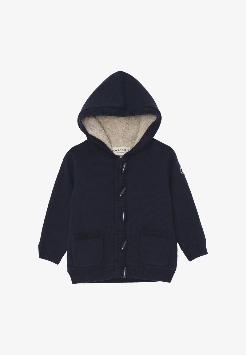 Felpa con cappuccio lavorato a maglia blu navy con finitura testurizzata, foderata in pile crema. Presenta una chiusura frontale con bottoni e due tasche frontali.