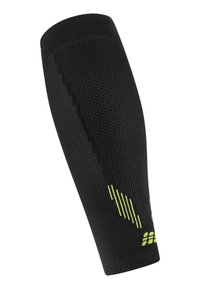 Schwarze Kompressionswadenmanschette mit strukturiertem Strickmuster und gelben Akzenten auf einer Seite, entworfen für sportliche Unterstützung.