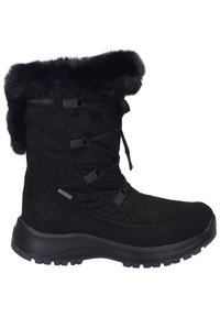 Svart isolerad vinterkänga i mocka med krage av konstpäls, justerbara snören och en robust gummisula för bra grepp.