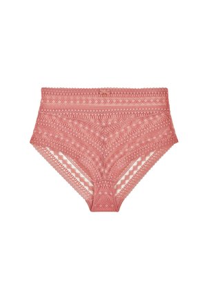 Culotte taille haute en dentelle rose avec motifs géométriques, bords festonnés et un petit nœud au centre de la taille.