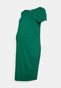 Vestido de maternidade verde feito de um tecido suave, com um decote redondo, mangas curtas bufantes e uma silhueta ajustada.