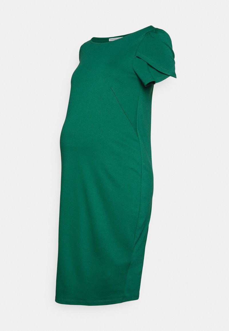 Vestido de maternidade verde feito de um tecido suave, com um decote redondo, mangas curtas bufantes e uma silhueta ajustada.