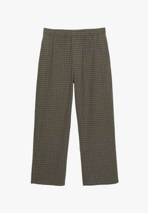 Kárované nohavice s širokými nohavicami v hnedej a zelenej farbe, vyrobené z mäkkého materiálu s elastickým pásom a voľným strihom.