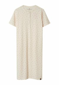 Krátky rukáv krémovej nočnej košele s malými vínovo červenými bodkami a štyrmi prednými gombíkmi, dĺžka po kolená, ľahká tkanina.