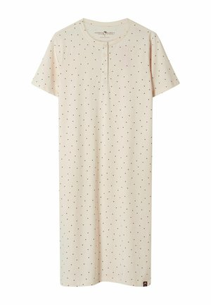 Short-sleeve cream nightdress with small maroon polka dots and four front buttons, knee-length, lightweight fabric.