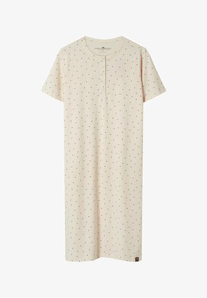 Kremowa koszula nocna z krótkim rękawem w drobne bordowe groszki, z czterema guzikami z przodu, do kolan, wykonana z lekkiego materiału.