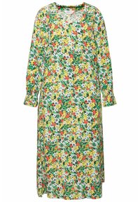 Robe à imprimé floral avec décolleté en V et manches longues. Le tissu présente des fleurs vibrantes jaunes, rouges, bleues et vertes sur un fond feuillu.