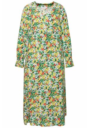 Vestido de estampado floral con escote en V y mangas largas. El tejido presenta flores vibrantes en amarillo, rojo, azul y verde sobre un fondo de hojas.