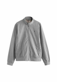 Grijze zip-up jas met een opstaande kraag, twee zijzakken, geribbelde manchetten en zoom, met een subtiel logo en een gestructureerde stof.